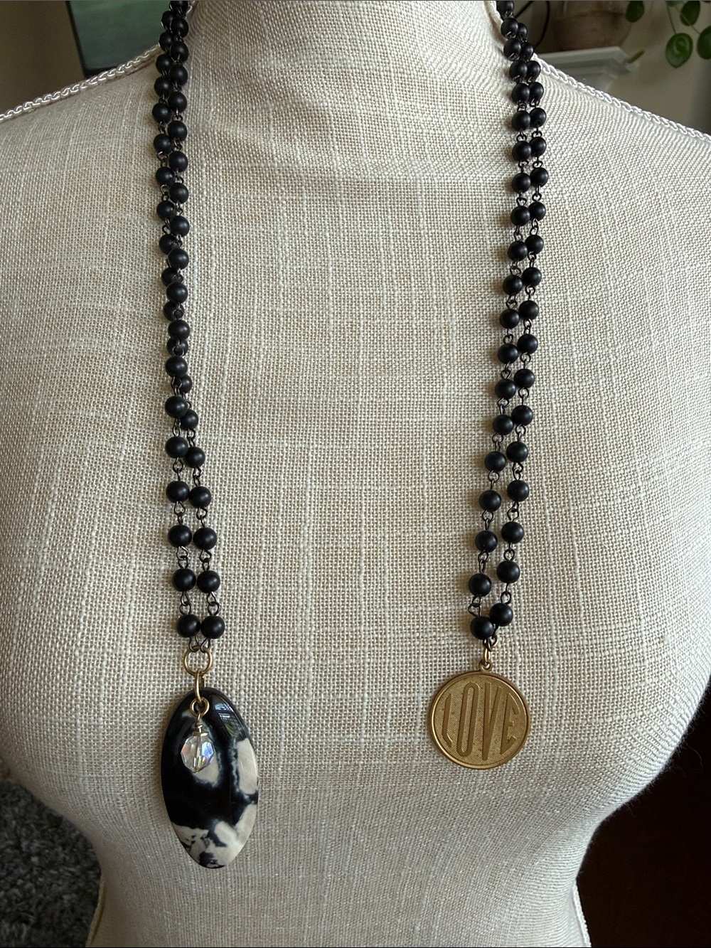 Handcrafted Black Bead Necklace, with 'LOVE' Gold Pendant - Women Jewelry